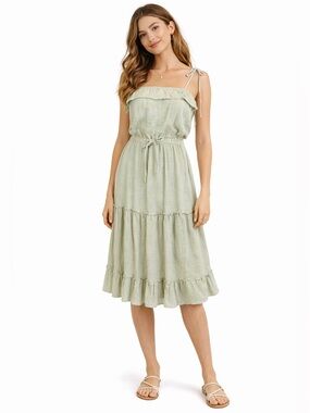 Fairycore Cottagecore Prairie Linen Tiered Midi Dress Boho Romantic Size XS